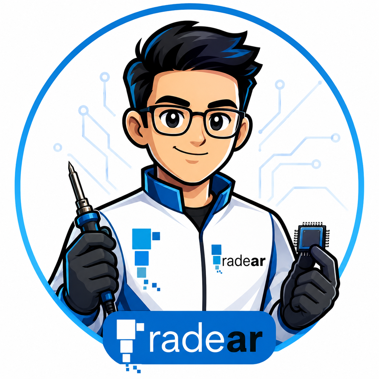 Técnico de Radear Informática con soldador y componente electrónico
